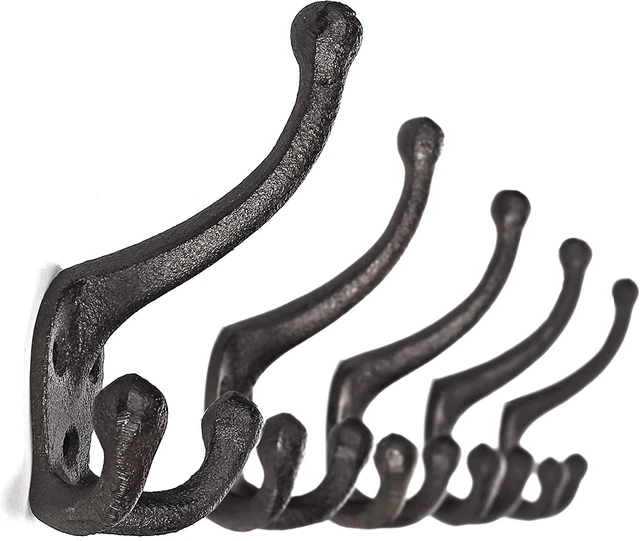 8 Cast Iron TRIPLE SCHOOL Style Coat Hooks Hat Hook Rack Hall Tree Tack Black