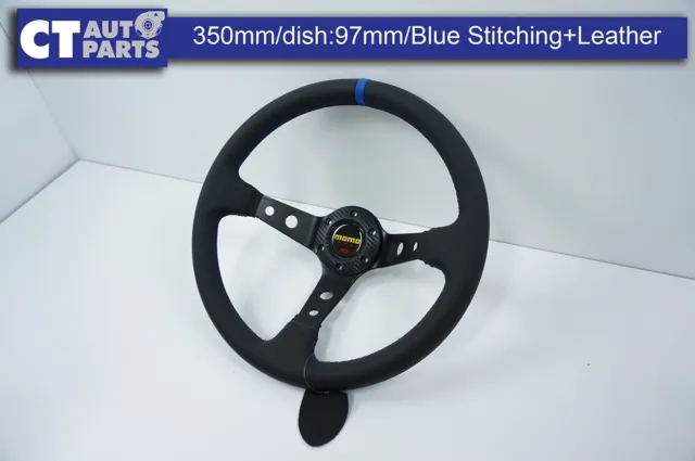 Momo style 350mm Leather Blue stitching Racing Steering Wheel 97mm Deep dish 3