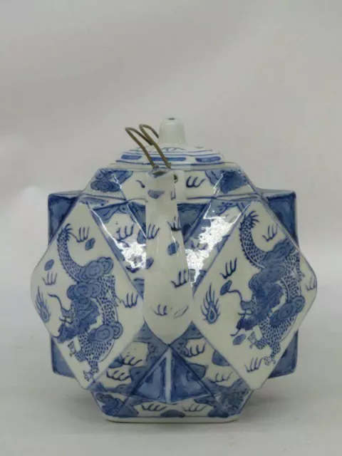 Chinese Glazed Blue And White Porcelain Teapot Painted Dragons Kangxi Mark 2