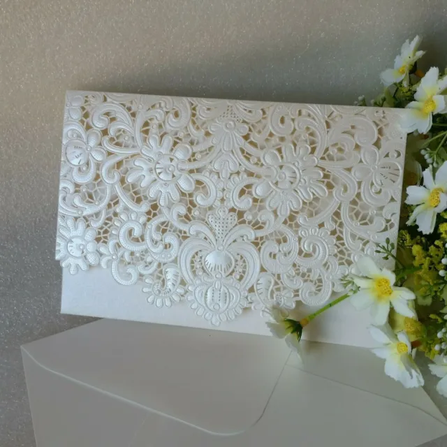 Top Quality Laser Cut Wedding Invitation Embossed Pearl Ivory Pocket Card Set