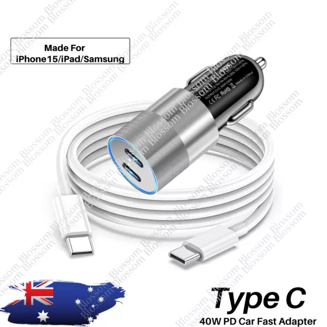 For iPhone 15 Pro Max Samsung Dual Type C PD Fast 40W Car Charger Adapter Cable