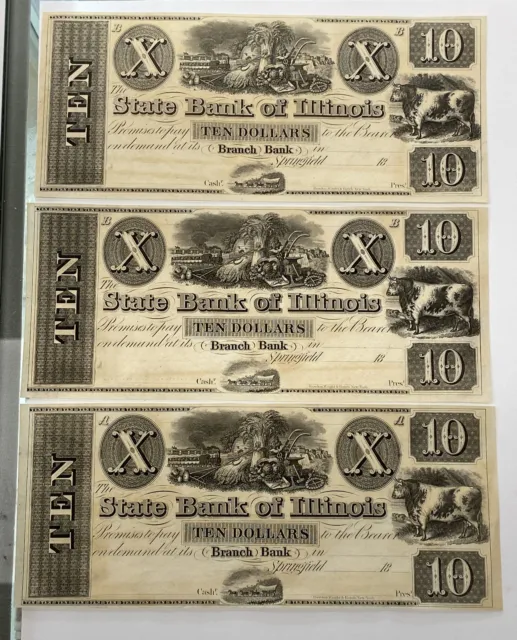 1800s $10 State Bank Of Illinois Unc Notes Lot Of 3