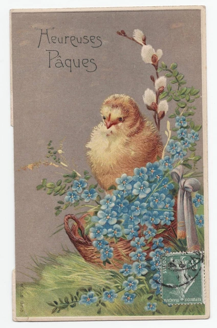 Carte postale fantaisie - JOYEUSES PÂQUES - Poussins cassant un oeuf