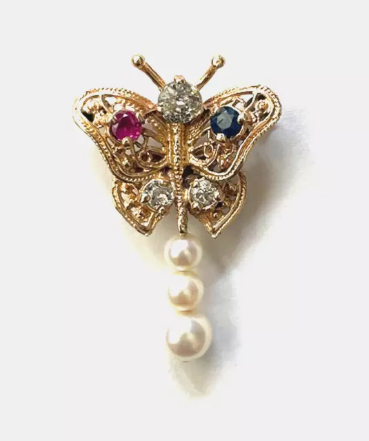 Vintage 14k Gold Diamond Pearl Ruby Sapphire Butterfly Brooch Pin Insect Jewelry