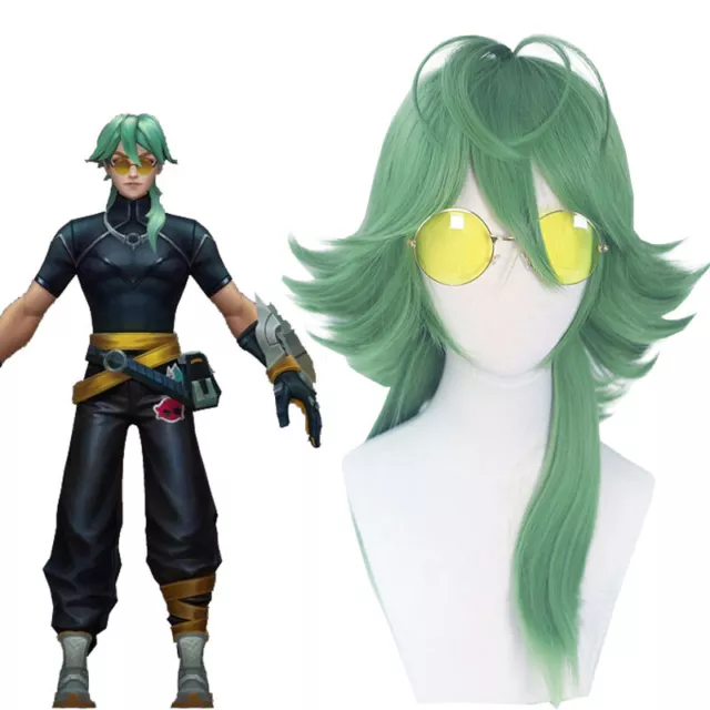 LOL Heartsteel Ezreal Green Cosplay Wig Long Straight Synthetic Hair + Glasses