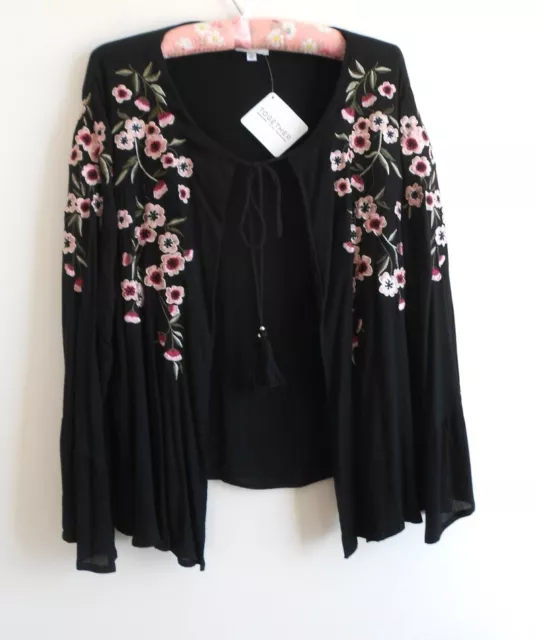 Together Black Heavily Embroidered Viscose Jacket Top Plus Size 48 New with Tags