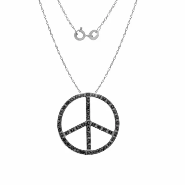 1/10 Ct Real Black Diamond Peace Symbol Pendant 18" Necklace 925 Sterling Silver