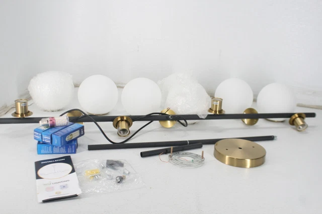 KCO Lighting Black and Brass Linear Pendant Chandelier 7-Lights Milk Glass Globe