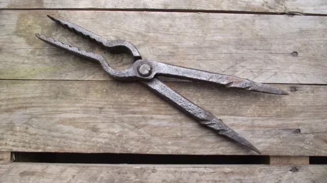 Rare antique 1700's Blacksmith Thistle pulling tongs, decorated wrought iron