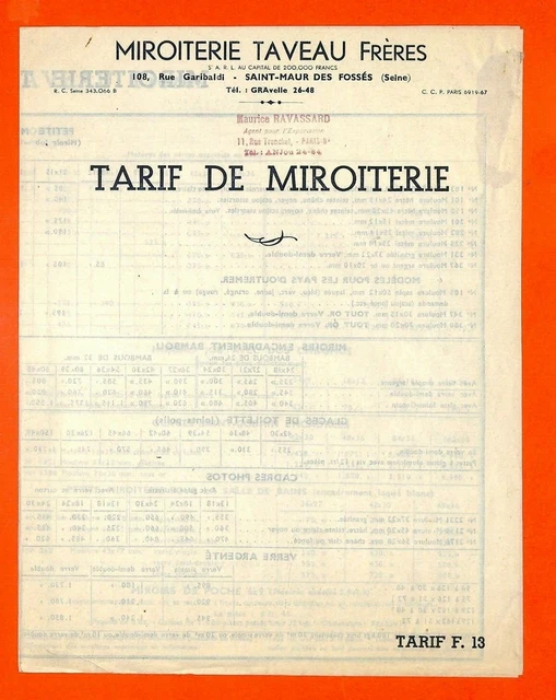 Saint-Maur-Des-Fosses (94)  Miroiterie Taveau / Tarif & Planches