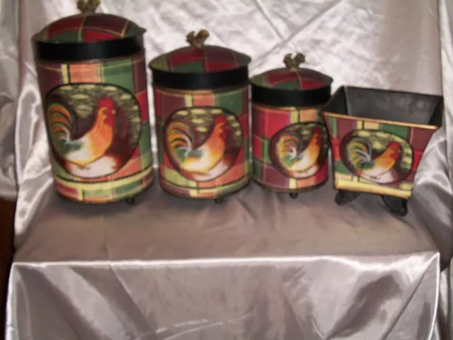 Country Farm House Metal Rooster 3 Pc. Canister Set & Planter Multi Color Decor.