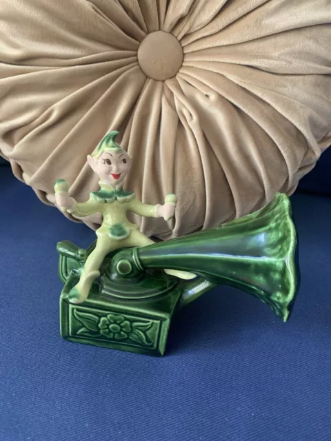 1950s Vintage Ceramic Green Pixie Elf on Phonograph Planter 6 x 6 x 4”