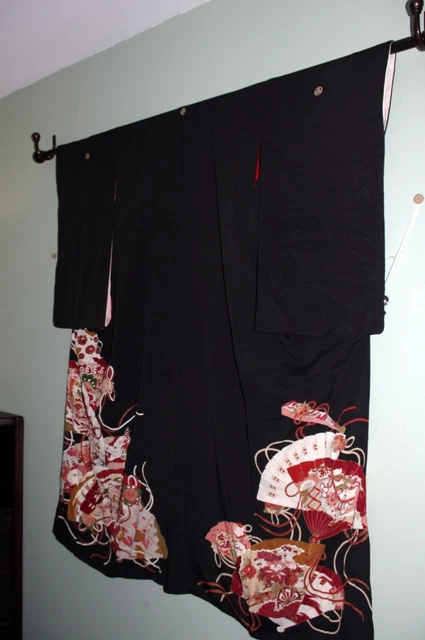 Lovely! Antique Vintage Japanese Silk Kimono Showa Taisho Tomesode w fans cranes 2