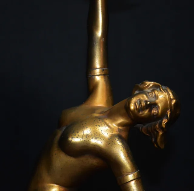 Rare 1930s French patinated bronze /spelter semi-nude deco dancer figural lamp