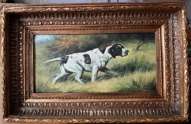 Excellent Oil on Board picture of an English Pointer in a wood old carved frame