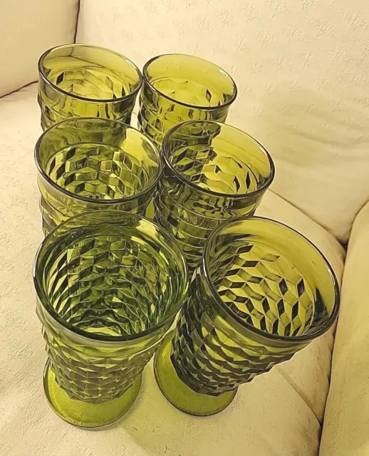 Indiana Whitehall Colony Cubist Glasses Avocado Green 6" Footed Set of 6 Vintage