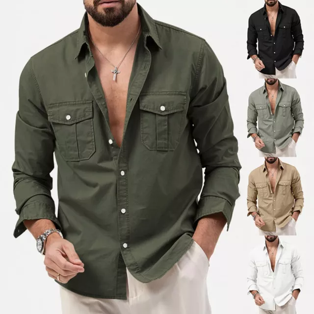 Stylish White Loose Fit Lapel Cargo Shirts Jacket Outwear Coat Tops for Men