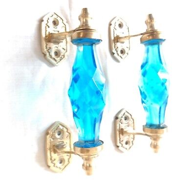 2 Ps Sky Blue Glass Door Handle w Brass Puller Cabinet Kitchen Knobs Home Decor