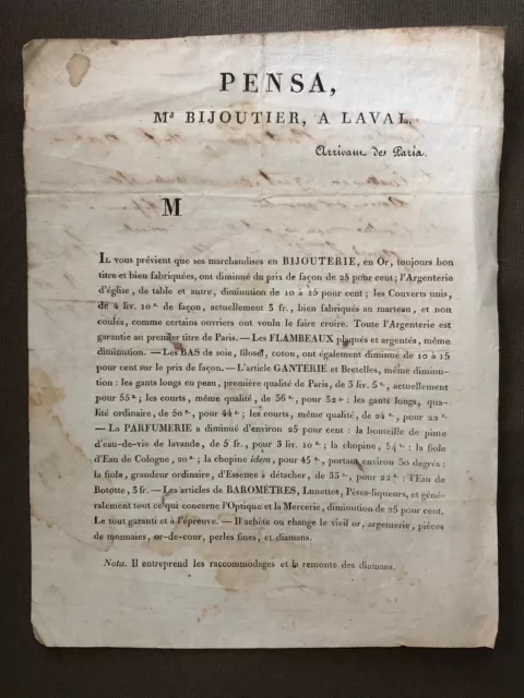 Document publicitaire de la bijouterie Pensa à Laval en 1812 très rare - facture