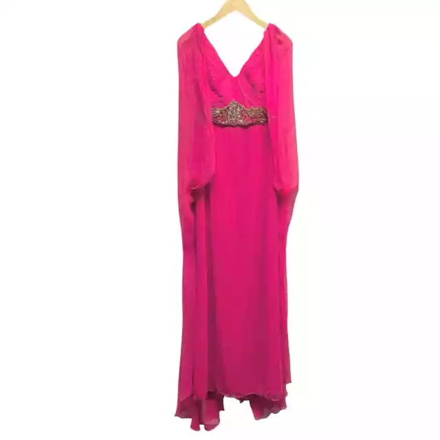 NWT Marchesa Notte Bright Pink Cape-back Embellished silk-chiffon Gown 2