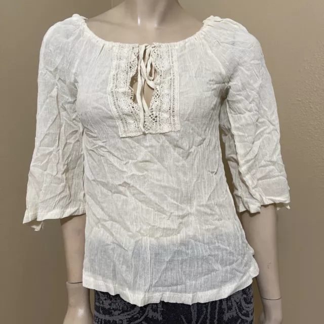 Women’s Ivory Cotton Casual Lace Long Sleeve Slit On A Tie Size S Blouse Top