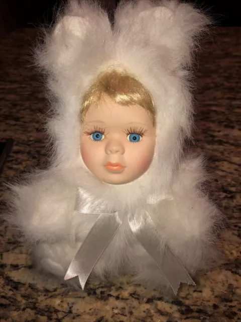 Doll White Bunny Rabbit Porcelain Baby Face 10" Stuffed Plush Green Trading Co