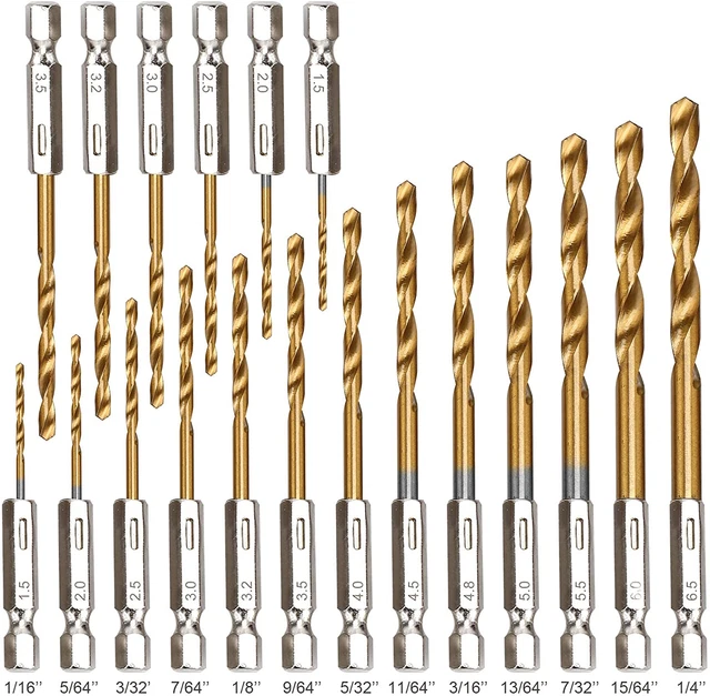 19 Pcs High Speed Steel Drill Bits Set, Premium Hex Drill Bit Set 1/16"-1/4" NEW