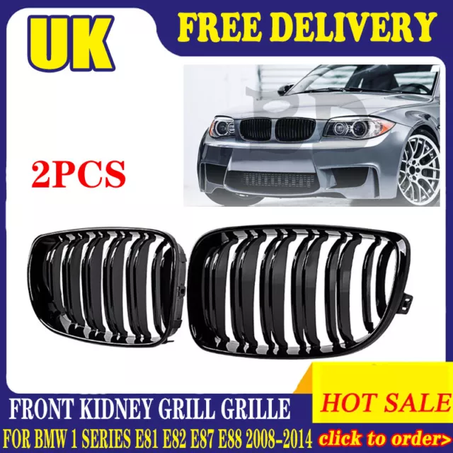 Glossy Black Front Kidney Grill Grilles Dual Slats For BMW E81 E82 E87 E88 08-13