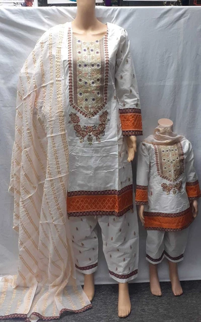 Nuovi Abiti In Cotone Shalwar Ricamati 3 Pezzi Madre & Figlia Readymade