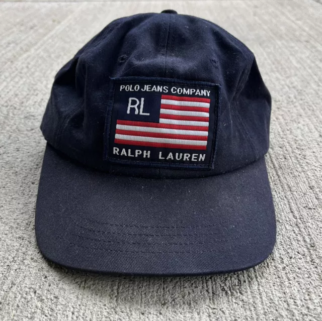 Vintage Polo Ralph Lauren Polo Jeans Company StrapBack Hat Cap Flag Patch Blue