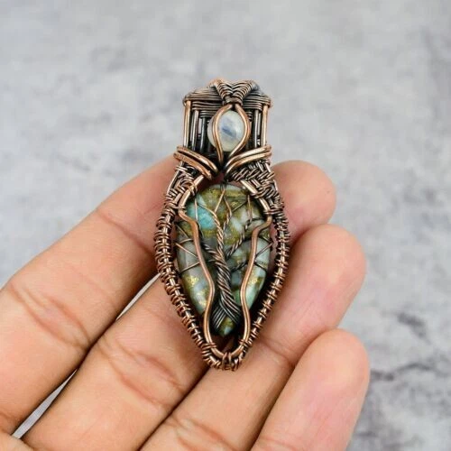 Copper Turquoise & Moonstone Gemstone Copper Wire Wrap Jewelry Handmade Pendant