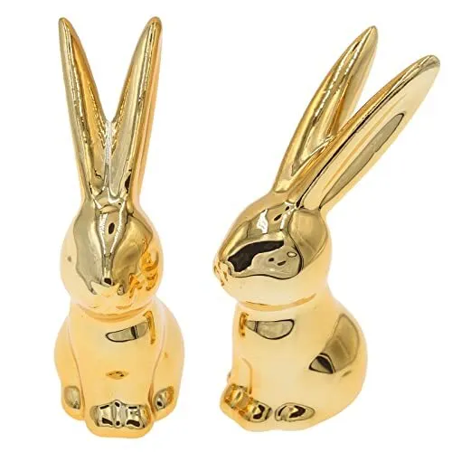 Hananona 2 Pcs Ceramic Animal Bunny Figurines Ornaments, Gold Gold Bunny
