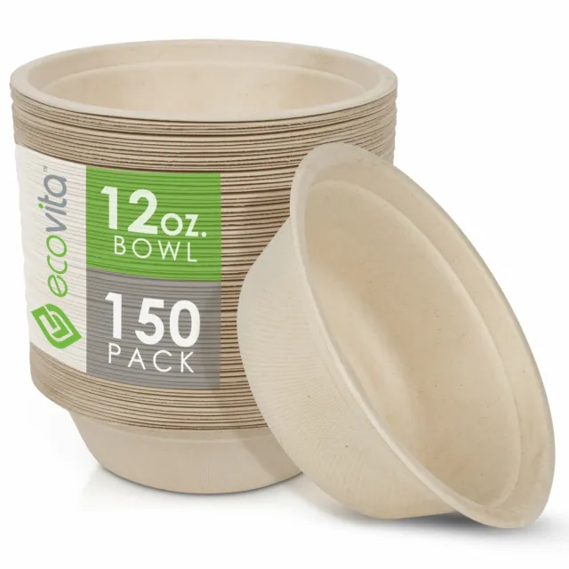 100% Compostable Paper Bowls [12 oz.] – 150 Disposable Bowls Eco Tree Free