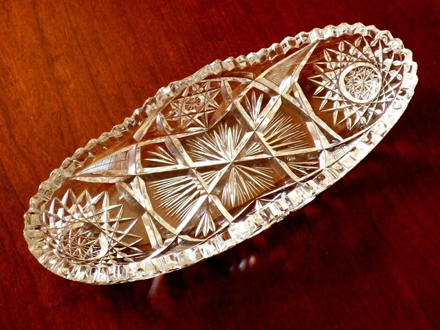 VTG American Brilliant Period Star Cut Crystal Glass Lace Oval Bowl Celery Tray