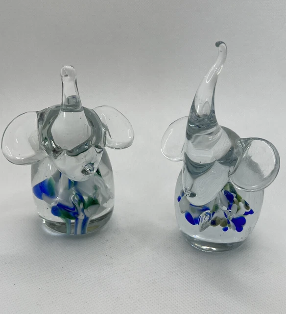 Pair Of Vintage Hand Made Elephant Art Glass Figurines Paperweights 4-5"