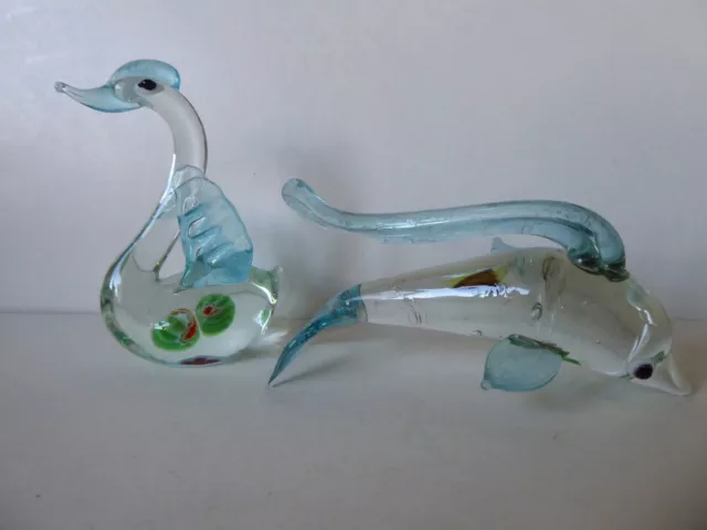 Job lot of two vintage mini glass dolphin and duck figurines 2