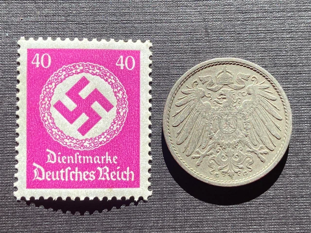 Historical Antique- German 10 Pfennig Coin with Famous WW2 Official Unused Stamp