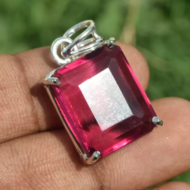 Rose Tourmaline 925 Argent Émeraude Coupe Pendentif 63 Carat Hydrothermal pour