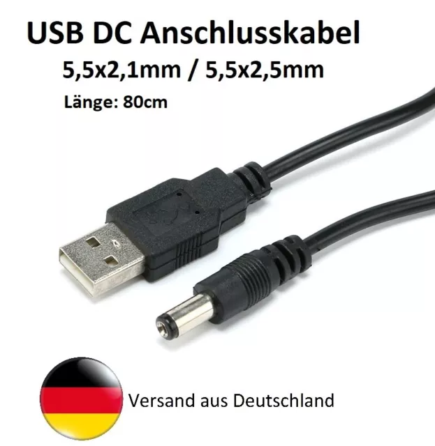 USB DC Kabel 80cm , Netzteil Kabel, Adapter, Stecker 5,5x2,5  / 5,5x2,1mm - Top!