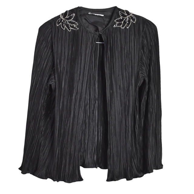 Vintage Cardigan L Womens Black Sequin Button Closure Ruffle Open Front