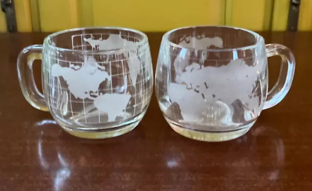 TWO Vintage Nestle Nescafe World Globe Coffee Mugs Cups Frosted Map 1970's