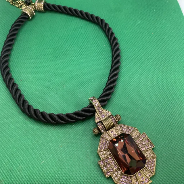 Heidi Daus Black Rope Brass Bergundy Pendant Necklace 21”