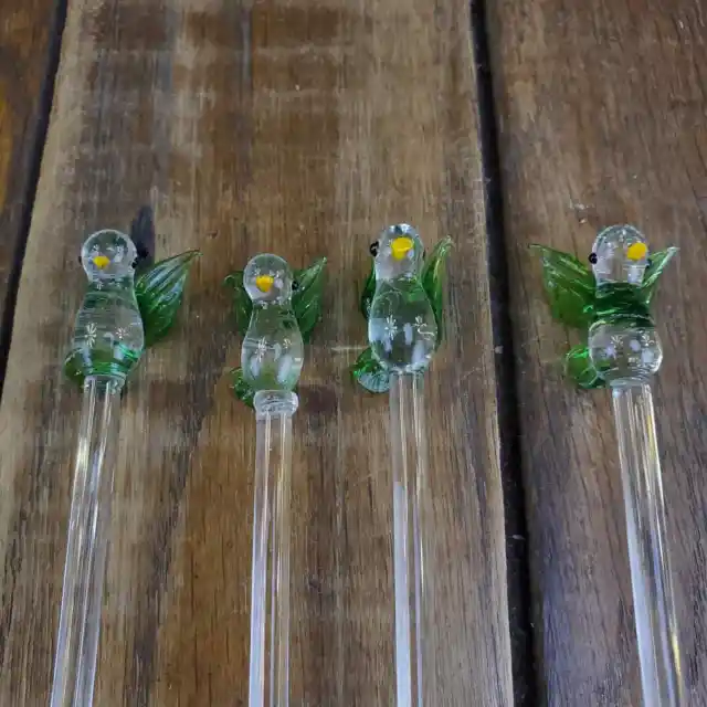 Set of 4 Hand Blown Glass Bird Swizzle Stir Sticks Cocktail Stirrers Barware