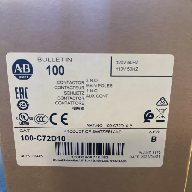 New  In Box Ab 100-C72D10 Allen Bradley. Contactor 120V