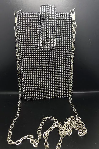 New Black Rhinestone Mesh Cellphone Evening Bag With Silver Chain Shoulder Strap