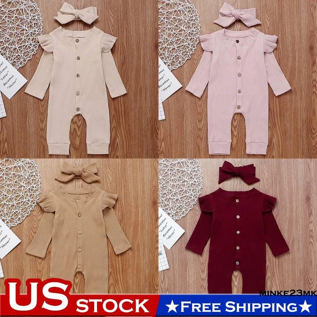 Newborn Baby Girl Infant Solid Romper Jumpsuit Pants Headband Outfit Clothes Set