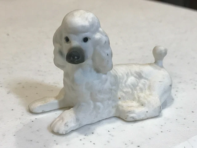 Vintage Bone china White Poodle Dog Laying Down 3 1/2"x 2 1/2"