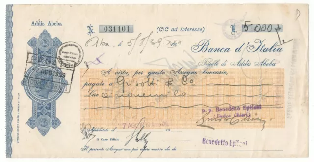 5000 Lire Assegno Banca D'italia Filiale Di Addis Abeba 1939