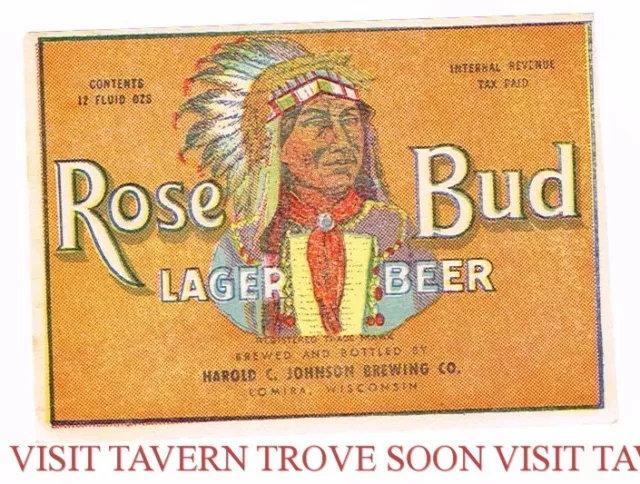 Rare Unused 1940s Harold Johnson Rose Bud Indian Beer Label Tavern Trove