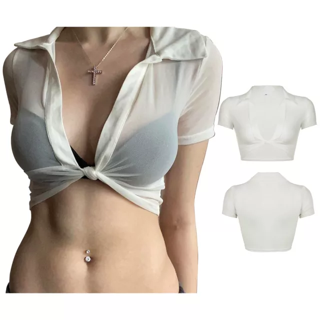 Womens Short Sleeve Transparent Crop Top Fashion Knot Front Tops Cover Ups